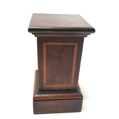 239 - Miniature mahogany strung inlaid plinth (15cm high x 8.5cm square top) t/w ebonised tray, miniature ... 