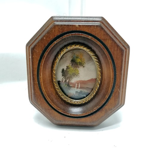 239 - Miniature mahogany strung inlaid plinth (15cm high x 8.5cm square top) t/w ebonised tray, miniature ... 