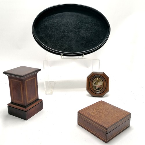 239 - Miniature mahogany strung inlaid plinth (15cm high x 8.5cm square top) t/w ebonised tray, miniature ... 