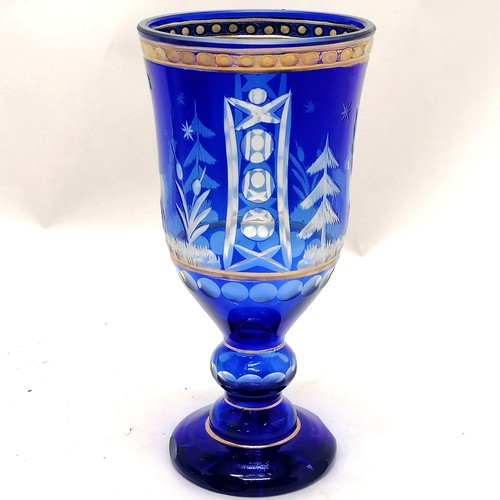 244 - Blue overlaid glass vase with stag & gilt detail - 21cm high