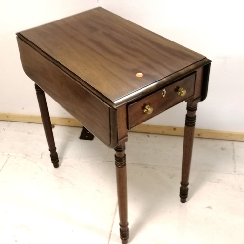 247 - Antique mahogany drop flap table with drawer & on 4 turned legs - 70cm high x 62cm x 69cm (opened)