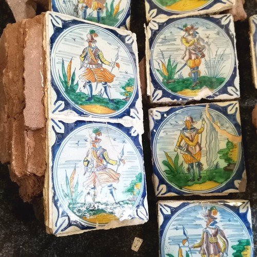 251 - 13 x antique 18th century Dutch Delft polychrome tiles depicting military figures - 13.5cm square an... 