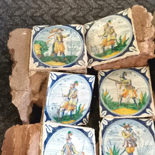 251 - 13 x antique 18th century Dutch Delft polychrome tiles depicting military figures - 13.5cm square an... 