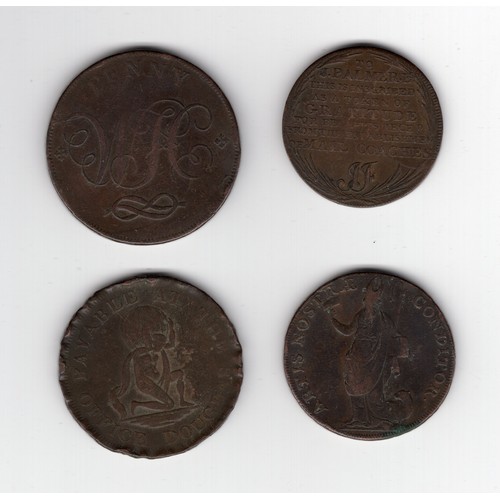 271 - 4 x GB tokens ~ 18th century Mail Coach ½d, 1801 Stafford 1d (payable by Horton and Company edge), 1... 