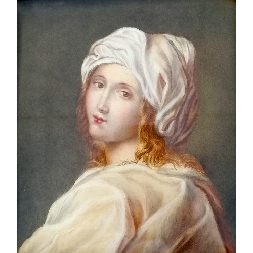 293 - Antique classical watercolour study of a female with a headscarf in a deep cushion oak frame - 24cm ... 