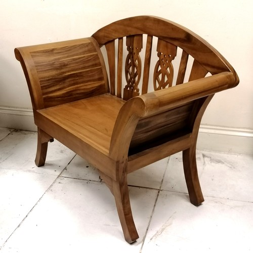 313 - Teak 2 seater bench with pierced decorated detail to the back - 114cm wide x 91cm high x 55cm deep