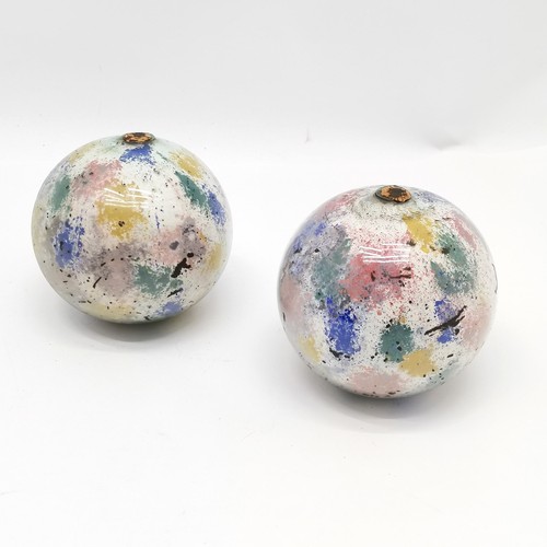 336 - 2 antique glass balls with hand painted decoration to the interior and sealed with cork approximatel... 