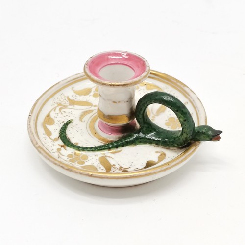 338 - Antique china go-to-bed with snake detailed handle 6.5cm diameter x 3.5cm high