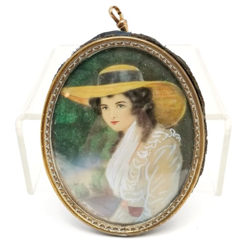 340 - Oval portrait miniature of a lady wearing a wide brimmed hat 10cm drop