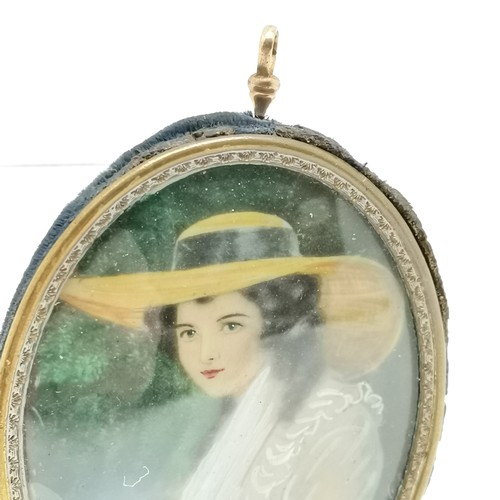 340 - Oval portrait miniature of a lady wearing a wide brimmed hat 10cm drop