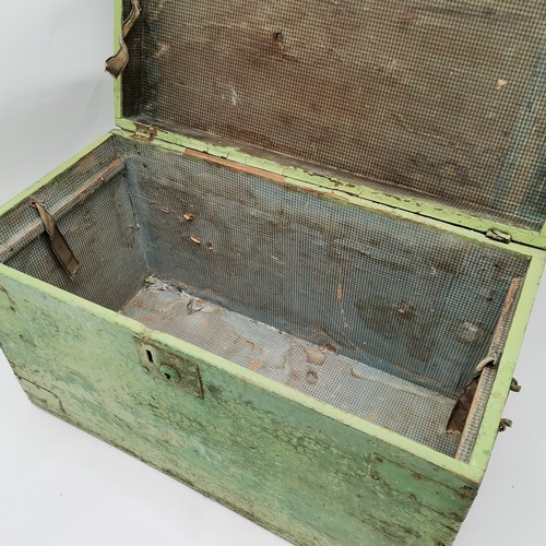 344 - Antique green painted small trunk with original paper lining 64cm x 33cm x 38cm high