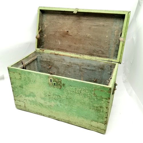 344 - Antique green painted small trunk with original paper lining 64cm x 33cm x 38cm high