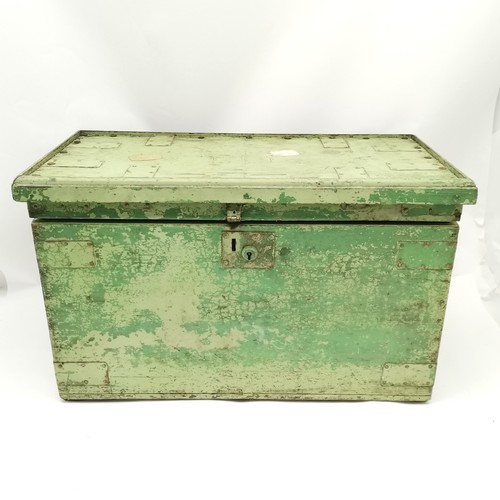 344 - Antique green painted small trunk with original paper lining 64cm x 33cm x 38cm high