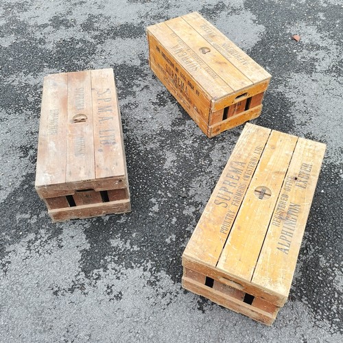 348 - 3 wooden lidded poultry crates by Suprema Poultry Farmers LTD. 34cm x 27cm x 70cm long - has some si... 