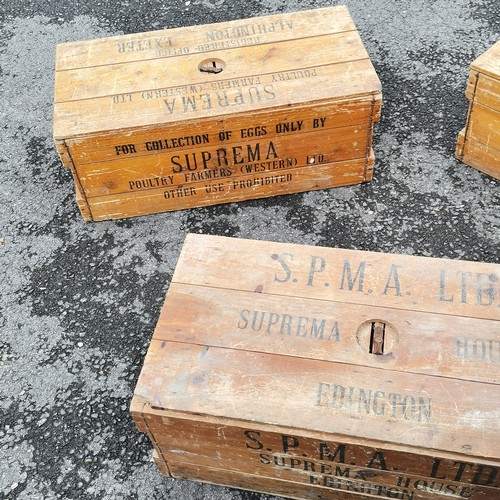 348 - 3 wooden lidded poultry crates by Suprema Poultry Farmers LTD. 34cm x 27cm x 70cm long - has some si... 