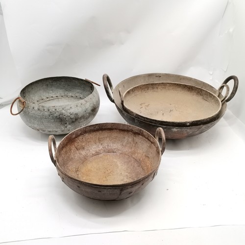 351 - 4 large metal cooking bowls, largest 52cm diameter T/W enamel bowls and an orange enamel lidded pot ... 