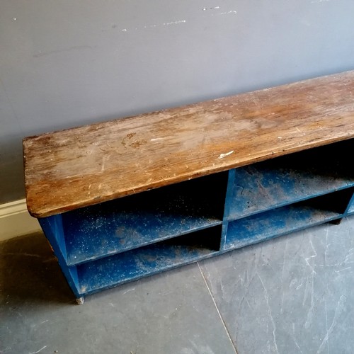 353 - Pair of blue painted mahogany benches with storage underneath - 267cm long x 53cm high x 31cm deep  ... 