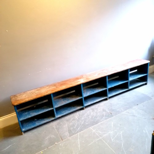 353 - Pair of blue painted mahogany benches with storage underneath - 267cm long x 53cm high x 31cm deep  ... 