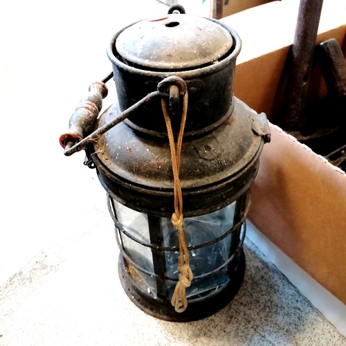 374 - Antique brass coal hod (with shovel), antique  lantern & qty of deactivated bygone traps & tools