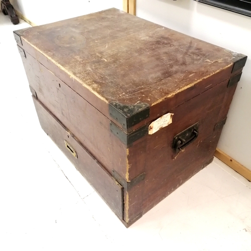 378 - Antique stained pine (empty) silver chest with twin carry handles, the top unhinging to reveal three... 