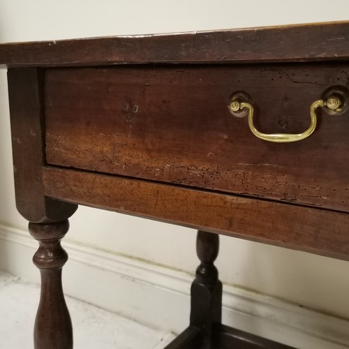 382 - Antique oak side table with single frieze drawer, on turned column supports - 81cm width x 59cm deep... 