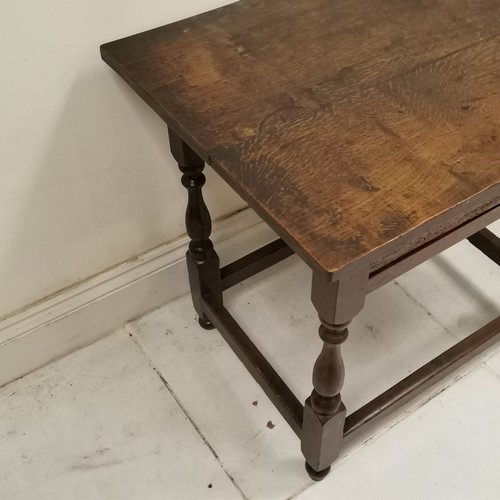 382 - Antique oak side table with single frieze drawer, on turned column supports - 81cm width x 59cm deep... 