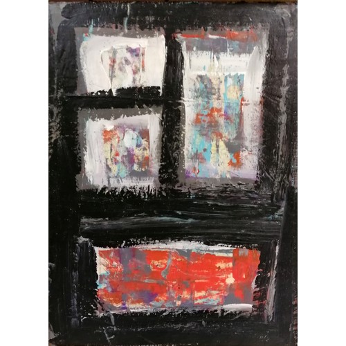 386 - Terence Robert Wood abstract mixed media painting on board (oil painting on a map) - frame 51cm x 41... 