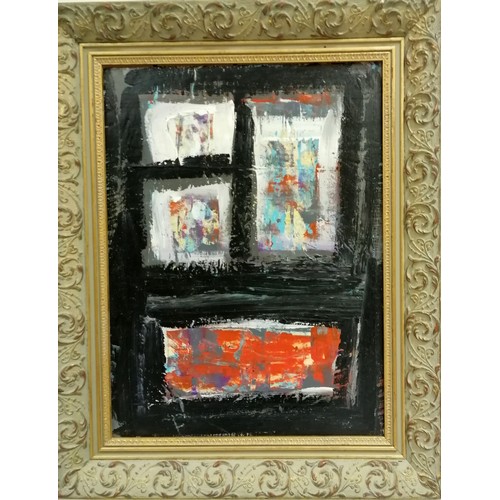 386 - Terence Robert Wood abstract mixed media painting on board (oil painting on a map) - frame 51cm x 41... 