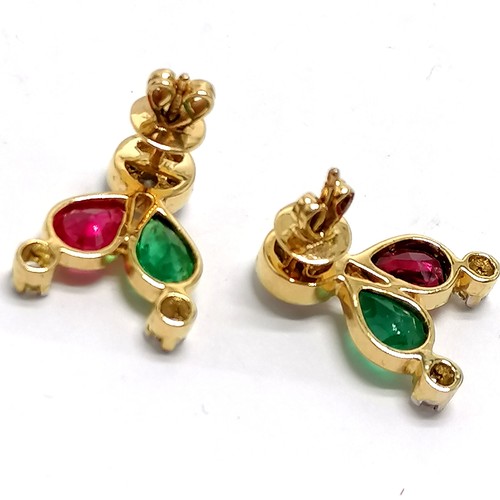 576 - 18ct hallmarked gold pair of emerald / ruby / diamond set earrings by H&T Ltd - 1.5cm drop & 4.8g to... 