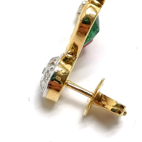 576 - 18ct hallmarked gold pair of emerald / ruby / diamond set earrings by H&T Ltd - 1.5cm drop & 4.8g to... 