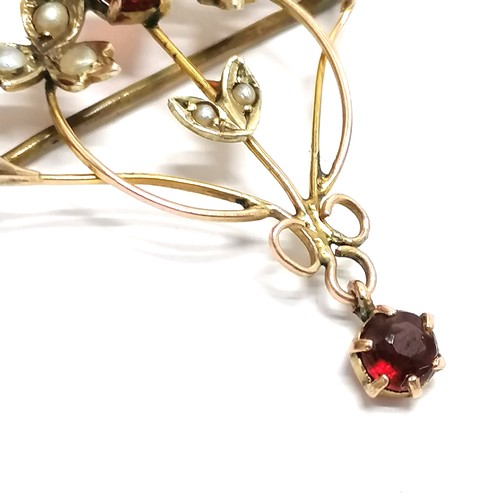 584 - Antique 9ct marked gold Art Nouveau pendant / brooch set with red stone & seed pearl - 4cm drop & 2.... 