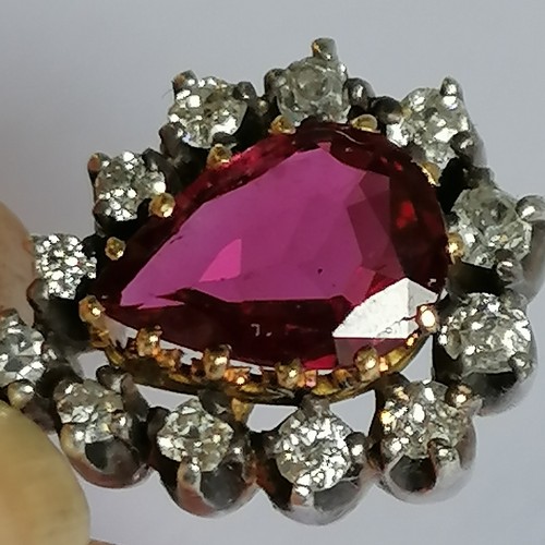 540 - Pair of large pear shaped ruby & diamond stone set earrings - 2cm drop & total weight 6.6g