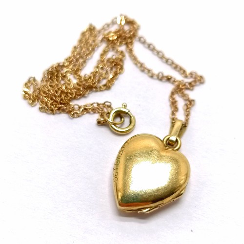 625 - 9ct marked gold 42cm necklace with 9ct gold back & front heart locket ~ total weight 2.4g