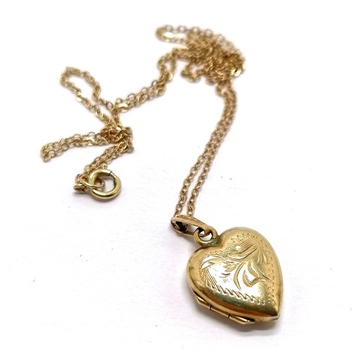 625 - 9ct marked gold 42cm necklace with 9ct gold back & front heart locket ~ total weight 2.4g