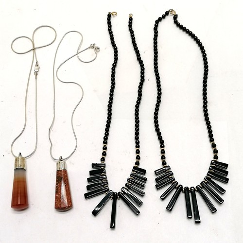 643 - 4 x necklaces - 2 black bead with gold clasps (40cm) & 2 silver with goldstone / agate pendants - SO... 