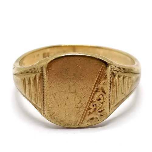 658 - 9ct hallmarked gold signet ring with engraved detail to corner of panel - size Z½ & 6.4g - SOLD ON B... 