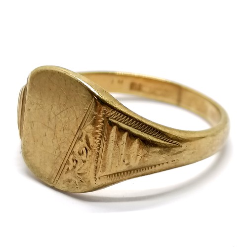 658 - 9ct hallmarked gold signet ring with engraved detail to corner of panel - size Z½ & 6.4g - SOLD ON B... 