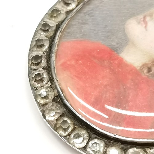 678 - Russian antique silver pendant with hand painted portrait miniature & paste surround - 4.5cm drop & ... 