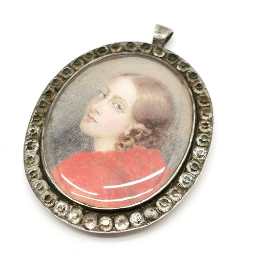 678 - Russian antique silver pendant with hand painted portrait miniature & paste surround - 4.5cm drop & ... 