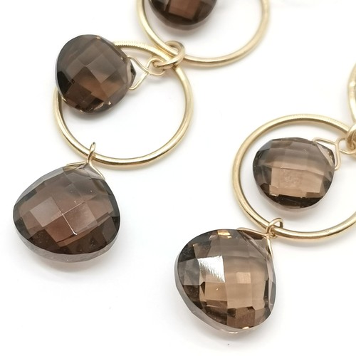 684 - 9ct marked gold smoky quartz triple ring drop earrings - 5cm drop & 5g total weight