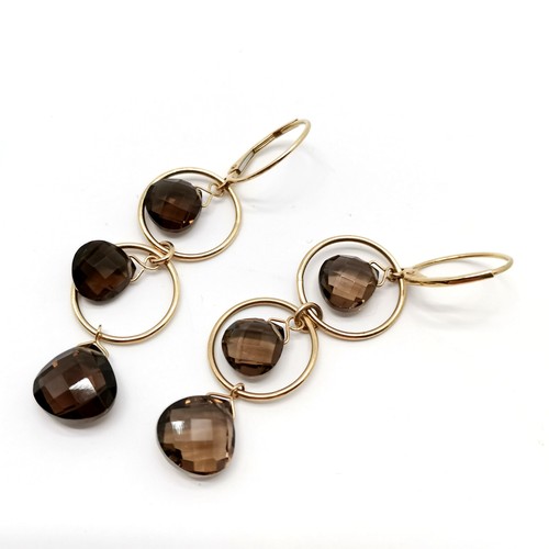 684 - 9ct marked gold smoky quartz triple ring drop earrings - 5cm drop & 5g total weight