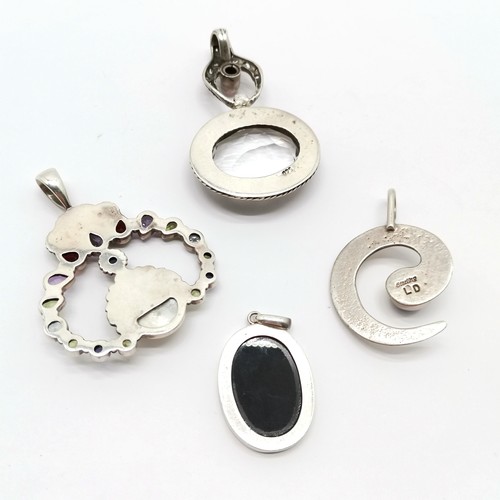 698 - 4 x silver marked pendants inc fancy stone set, hardstone panel pendant etc ~ face brooch 5.5cm drop... 