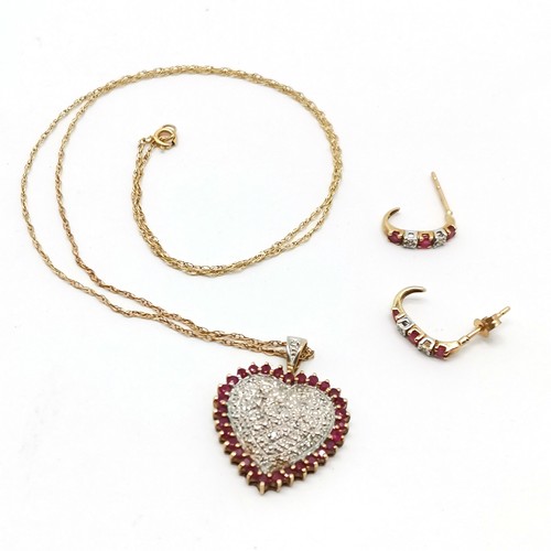 701 - 9ct hallmarked gold ruby & diamond set heart pendant (2.5cm drop) on a 9ct marked gold 46cm neckchai... 