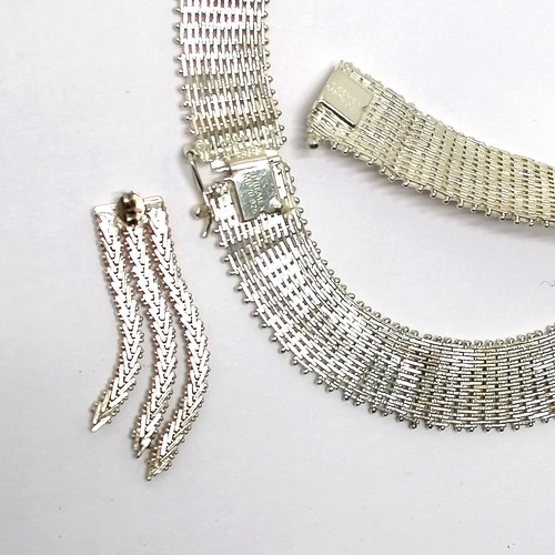 705 - Premex MP76 fancy silver mesh design necklace, bracelet (18cm) + earrings - weight (3) 127g