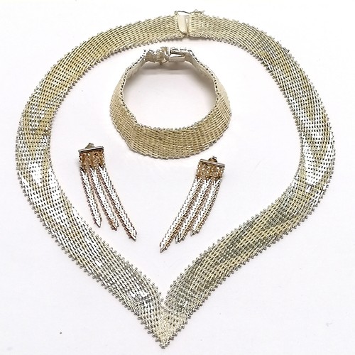 705 - Premex MP76 fancy silver mesh design necklace, bracelet (18cm) + earrings - weight (3) 127g