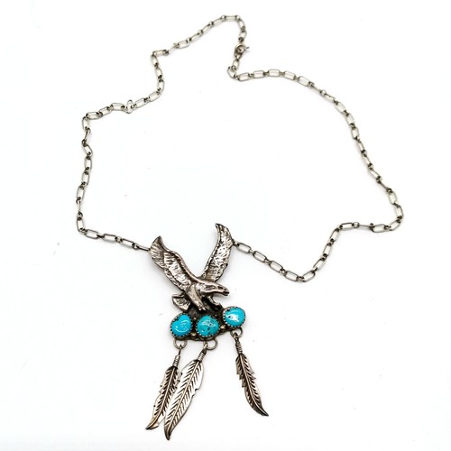 712 - Navajo American native Indian silver eagle dreamcatcher necklet set with turquoise by K - 46cm & 17.... 