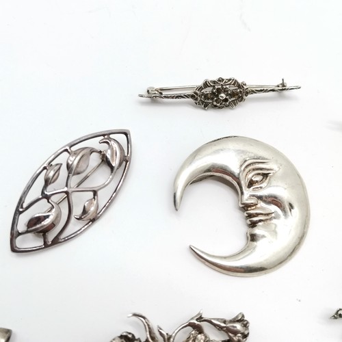 717 - Silver owl pendant by Ortak (Malcolm Gray) & 8 x silver brooches inc Mexican man in the moon (4cm di... 