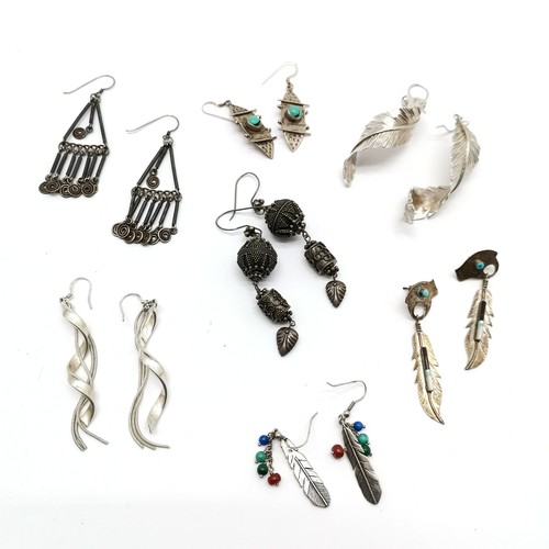 720 - 7 x pairs of silver marked earrings inc large spiral feathers (7.5cm) & stone set - total weight 83g