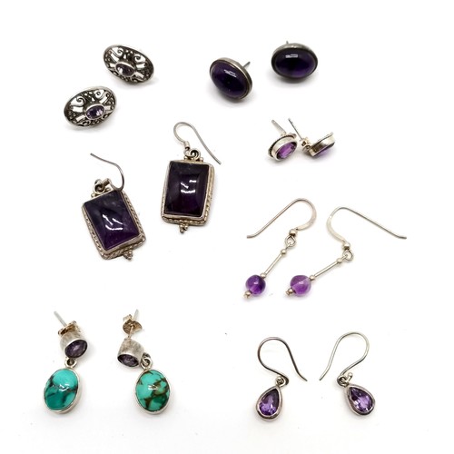 721 - 7 x pairs of silver stone set earrings inc amethyst etc (largest 4cm drop) - total weight 33g