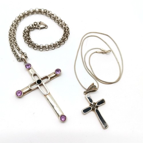 722 - 4 x silver crosses (3 on silver chains) - largest cross set with amethyst 7cm drop & 40cm chain t/w ... 